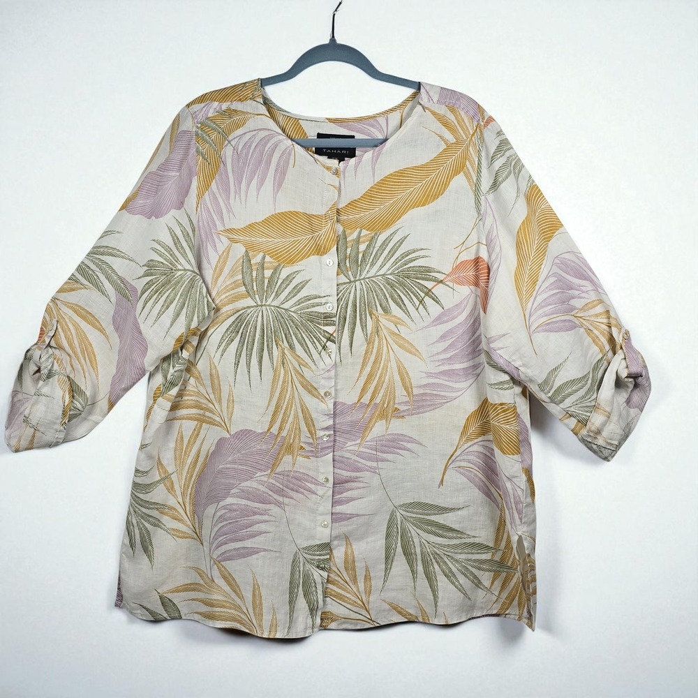 Tahari Woman 2X Button Down Shirt 100% Linen Tropical Palm‎ Leaf Roll Tab Sleeve